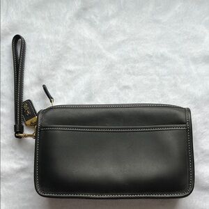 Coach Black Leather Zip Wristlet with Contrast Stitching